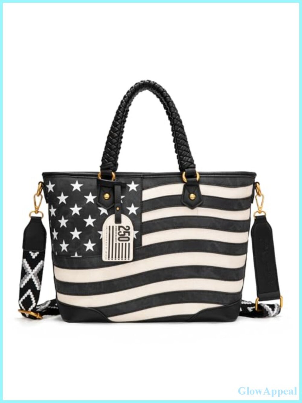 Vintage Patriotic Western Tote Bag Faux Leather Braided Handles Shoulder Purse